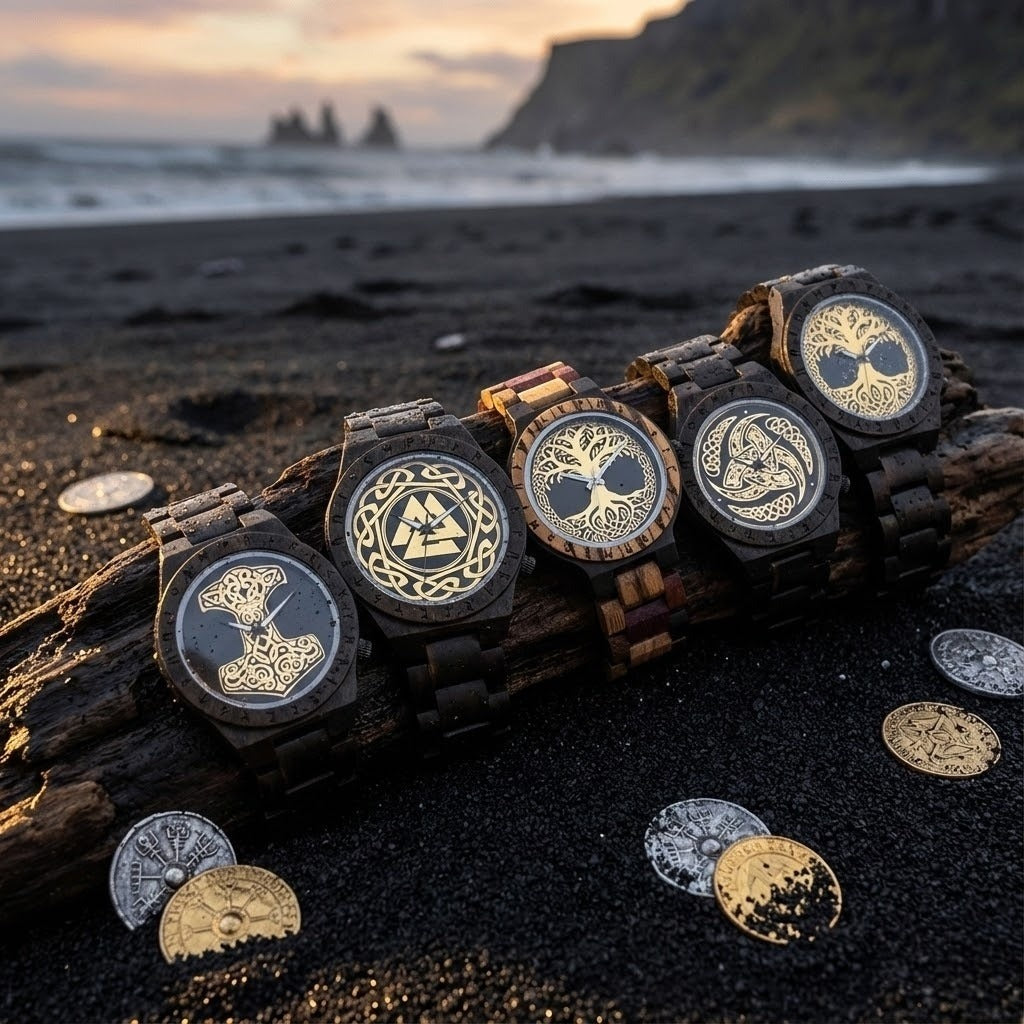 Une collection premium de cinq montres viking en bois avec cadrans Mjölnir, Valknut et Yggdrasil, présentées sur du bois flotté sur une plage volcanique de sable noir avec des pièces nordiques homepage