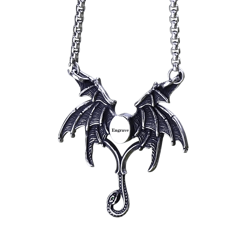 Revers du pendentif ailes de dragon en acier 316L, médaillon central lisse