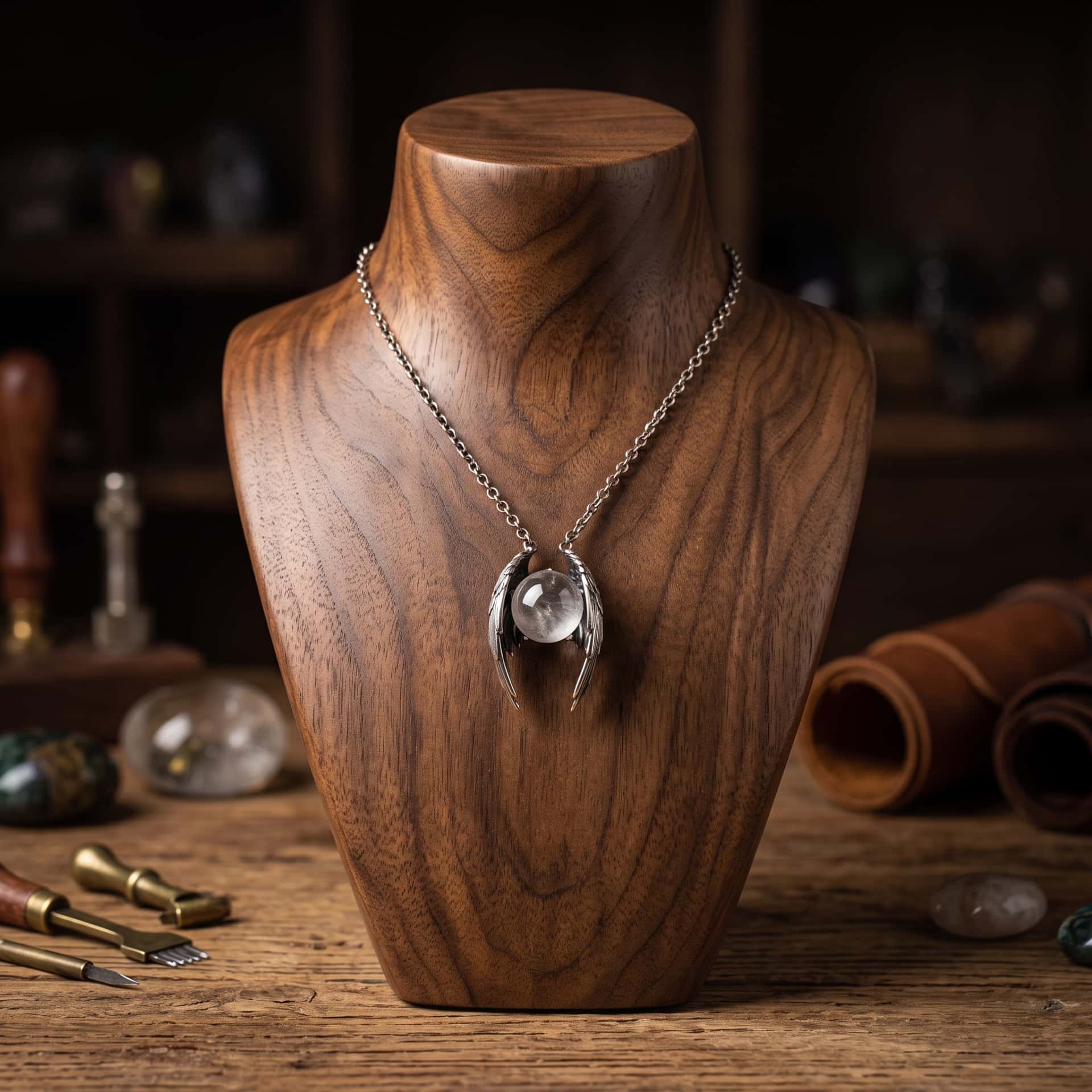 Collier Ailes Noires et Sphère de Cristal : Alliage de Zinc, pendentif présenté sur un buste de bois