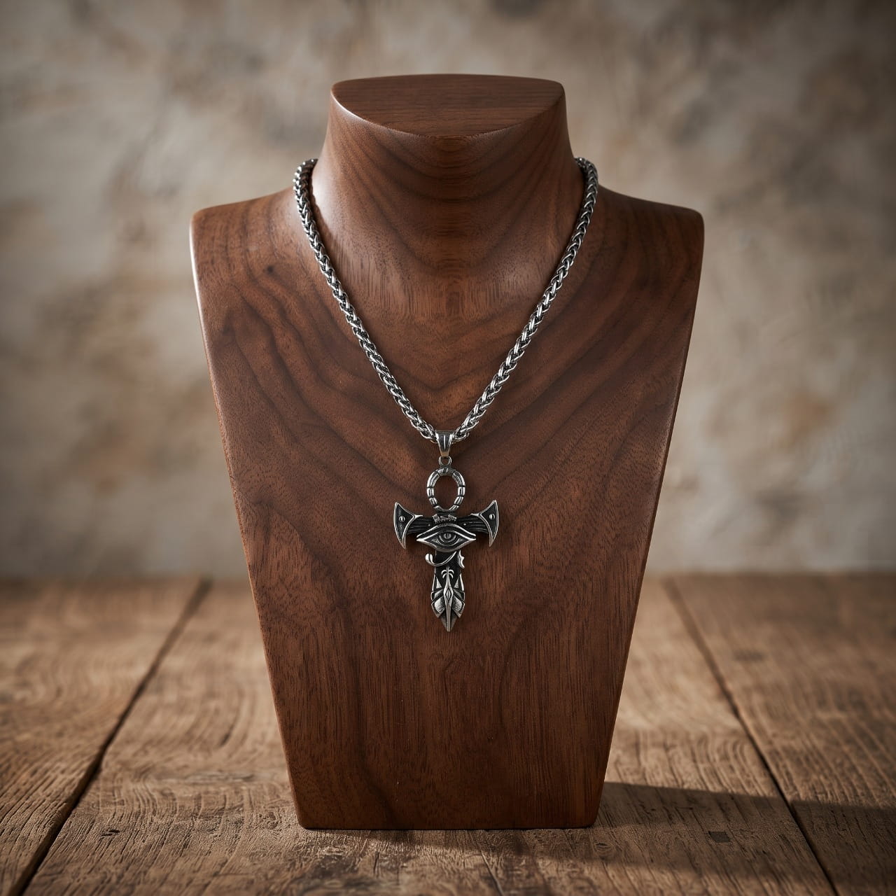 Collier pendentif en acier combinant croix Ankh, Œil d'Horus et lame ciselée, sur buste en bois