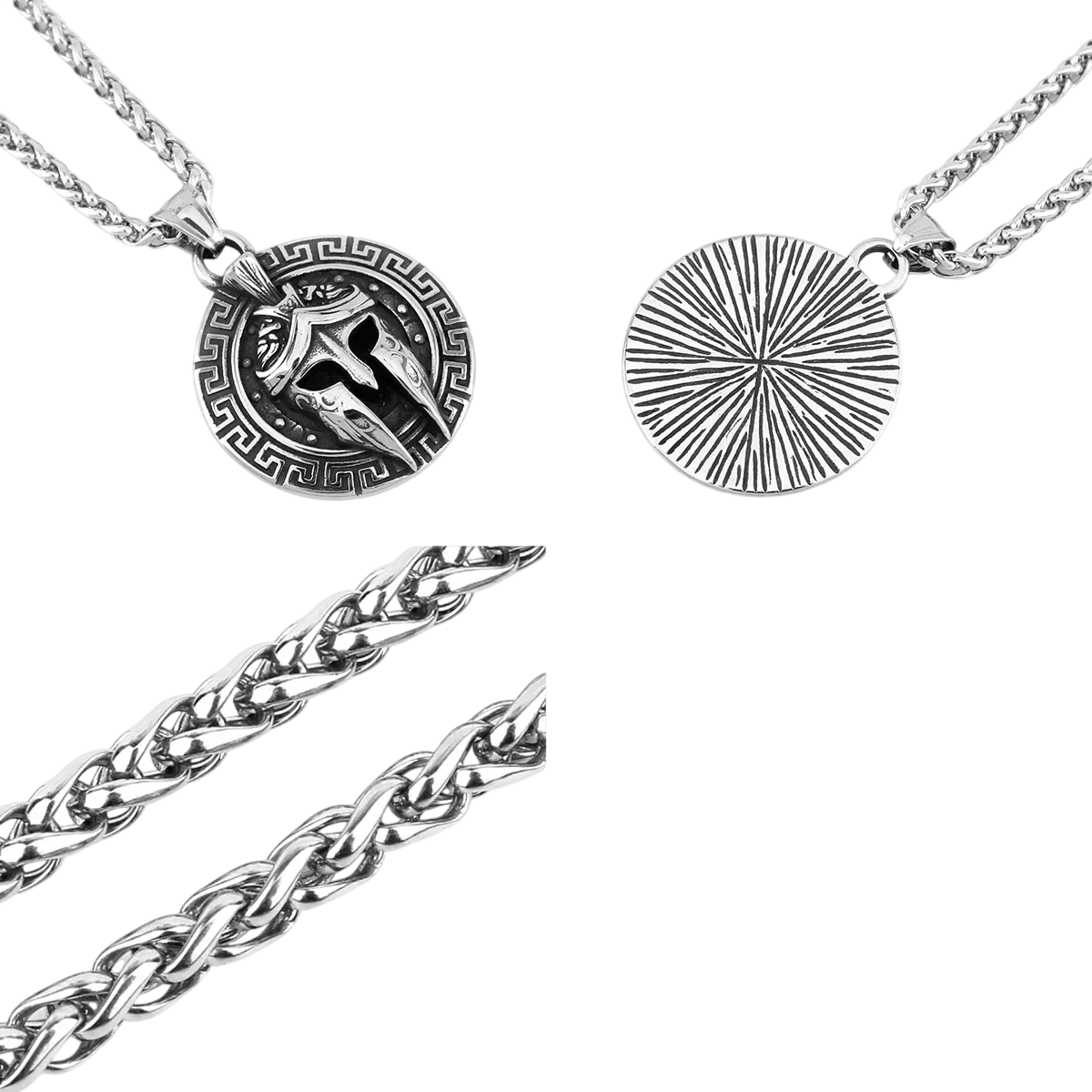 Médaillon en acier inoxydable, casque corinthien cerclé d'une frise grecque, vu de face et de dos, sur fond blanc