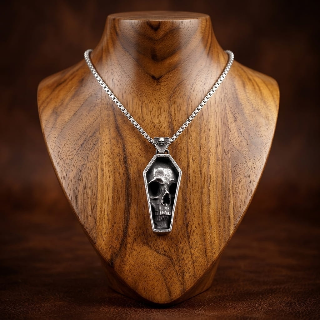 Collier crâne dans son cercueil en acier présenté sur un buste en bois de noyer