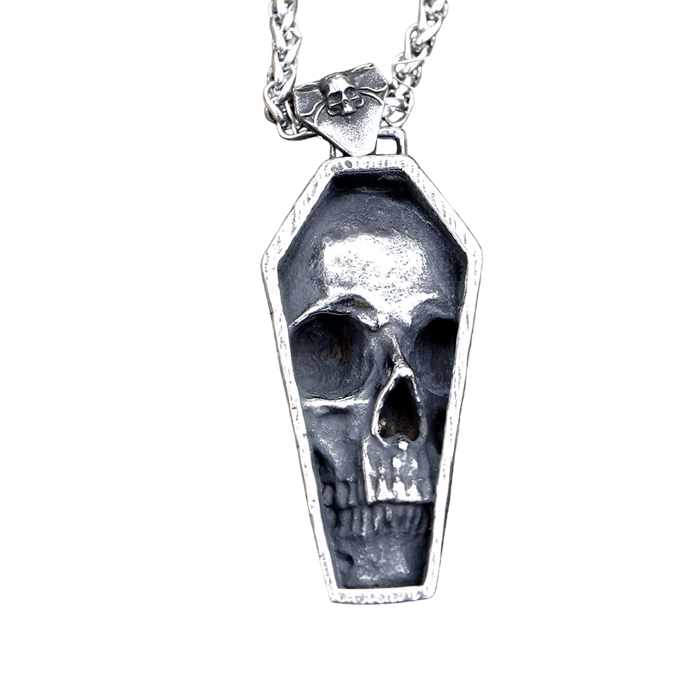 Pendentif cercueil ouvert en acier inoxydable avec crâne sculpté en relief et bélière au petit crâne ailé