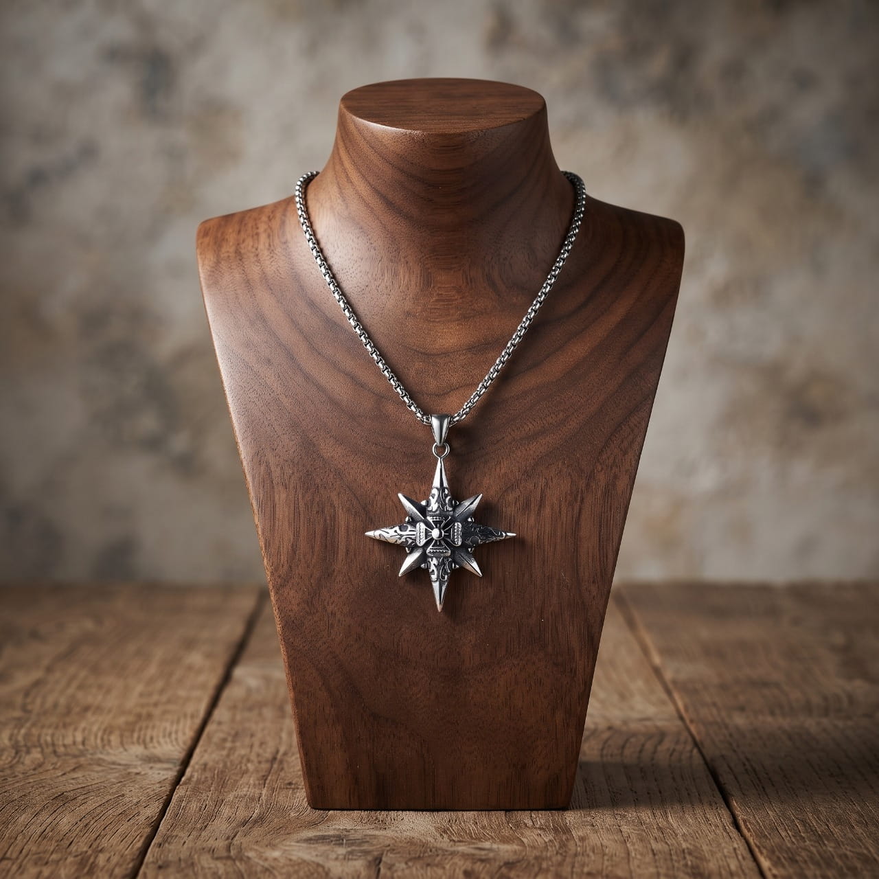 Collier pendentif étoile à huit branches en acier ciselé, sur chaîne fine, présenté sur un buste en bois