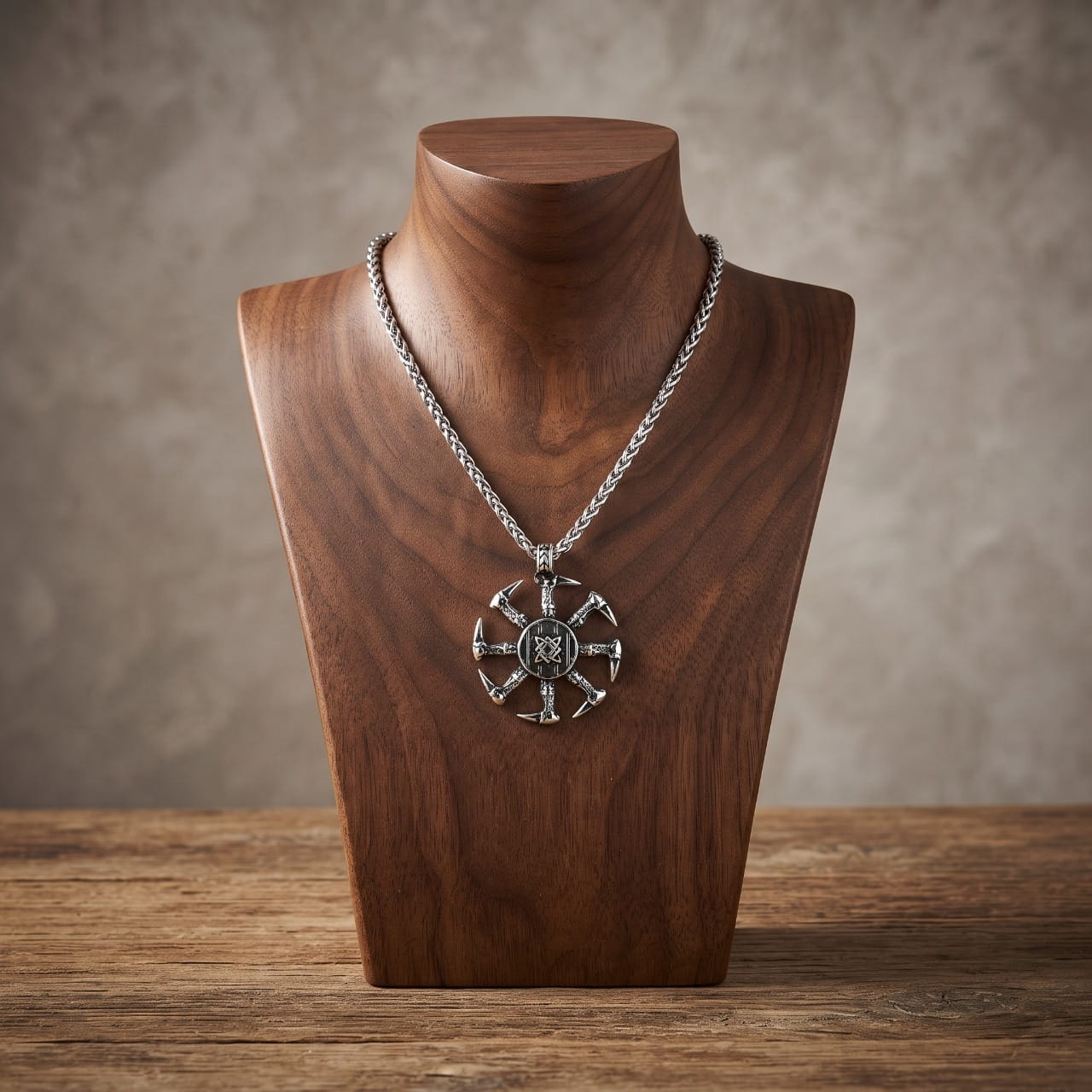 Collier pendentif Kolovrat ajouré en acier, roue solaire slave à rayons courbes, sur buste en bois