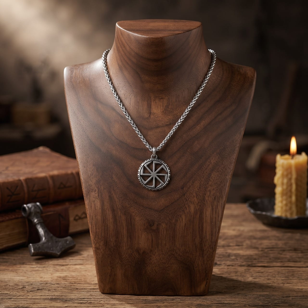 Collier médaillon en acier gravé du Kolovrat, roue solaire slave à huit branches, sur buste en bois