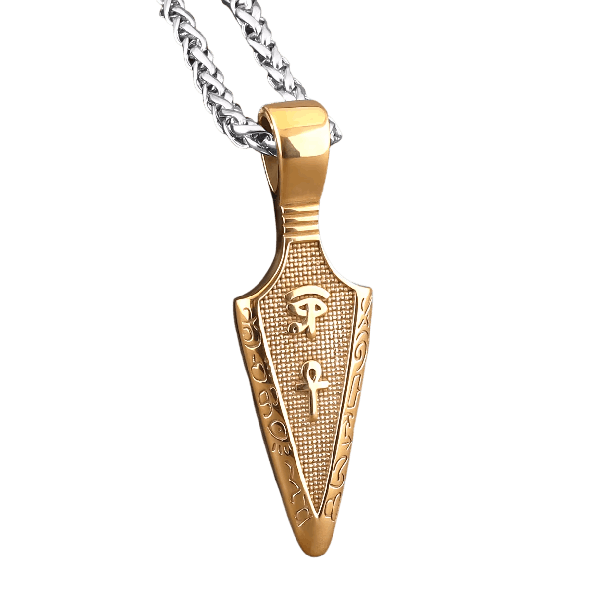 Pendentif égyptien en acier gravé de l'Œil d'Horus, de l'Ankh et de hiéroglyphes, en finition argentée, noire et dorée, sur fond blanc
