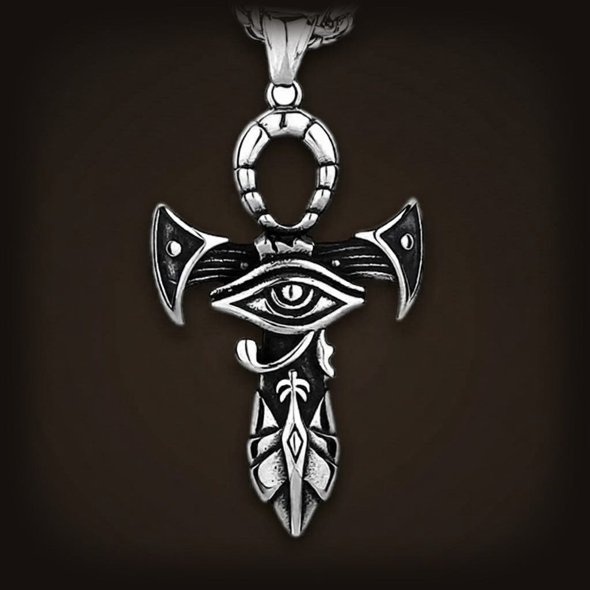Pendentif égyptien en acier inoxydable, Ankh surmontant l'Œil d'Horus et prolongé d'une lame