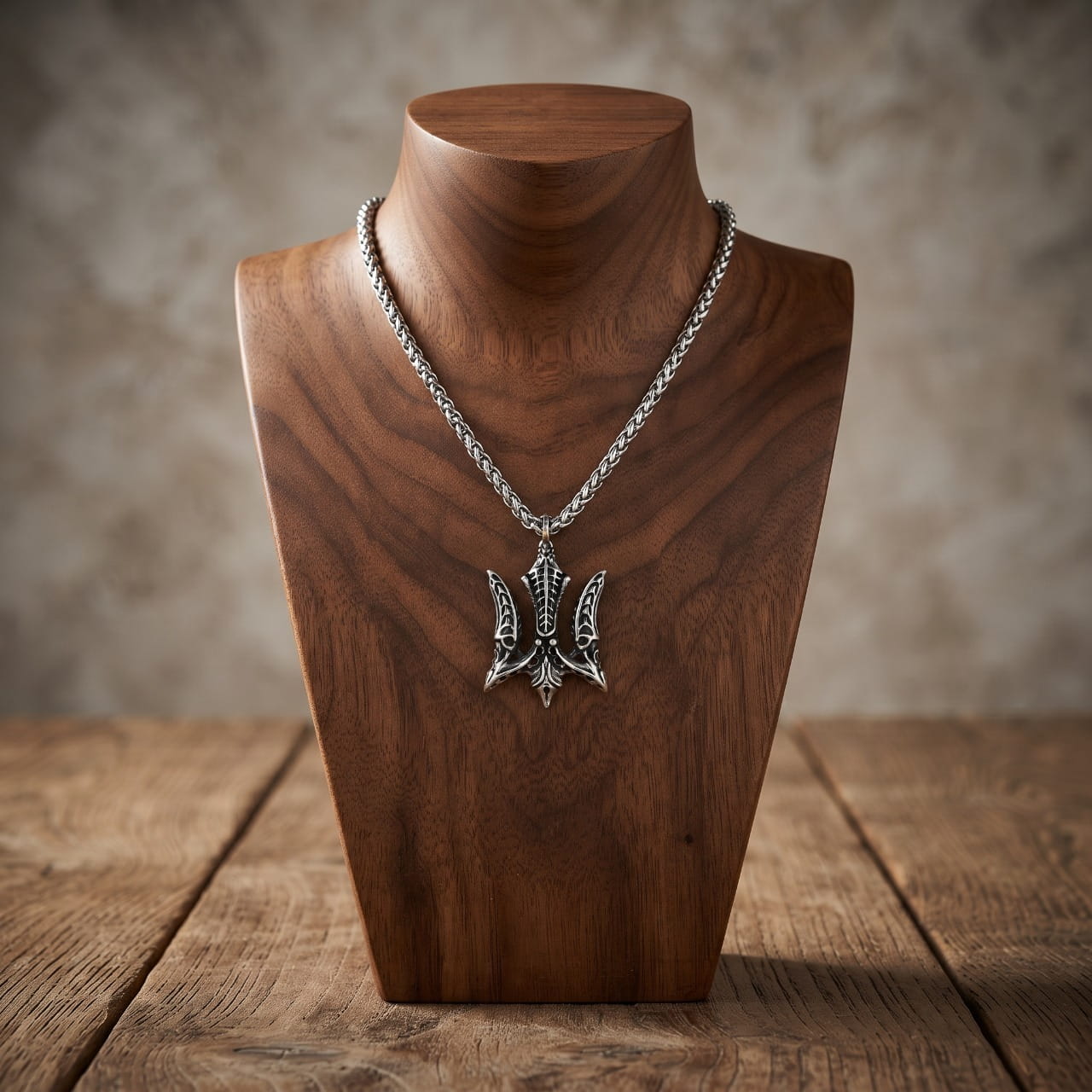Collier pendentif trident en acier aux branches ciselées, sur chaîne tressée, présenté sur un buste en bois