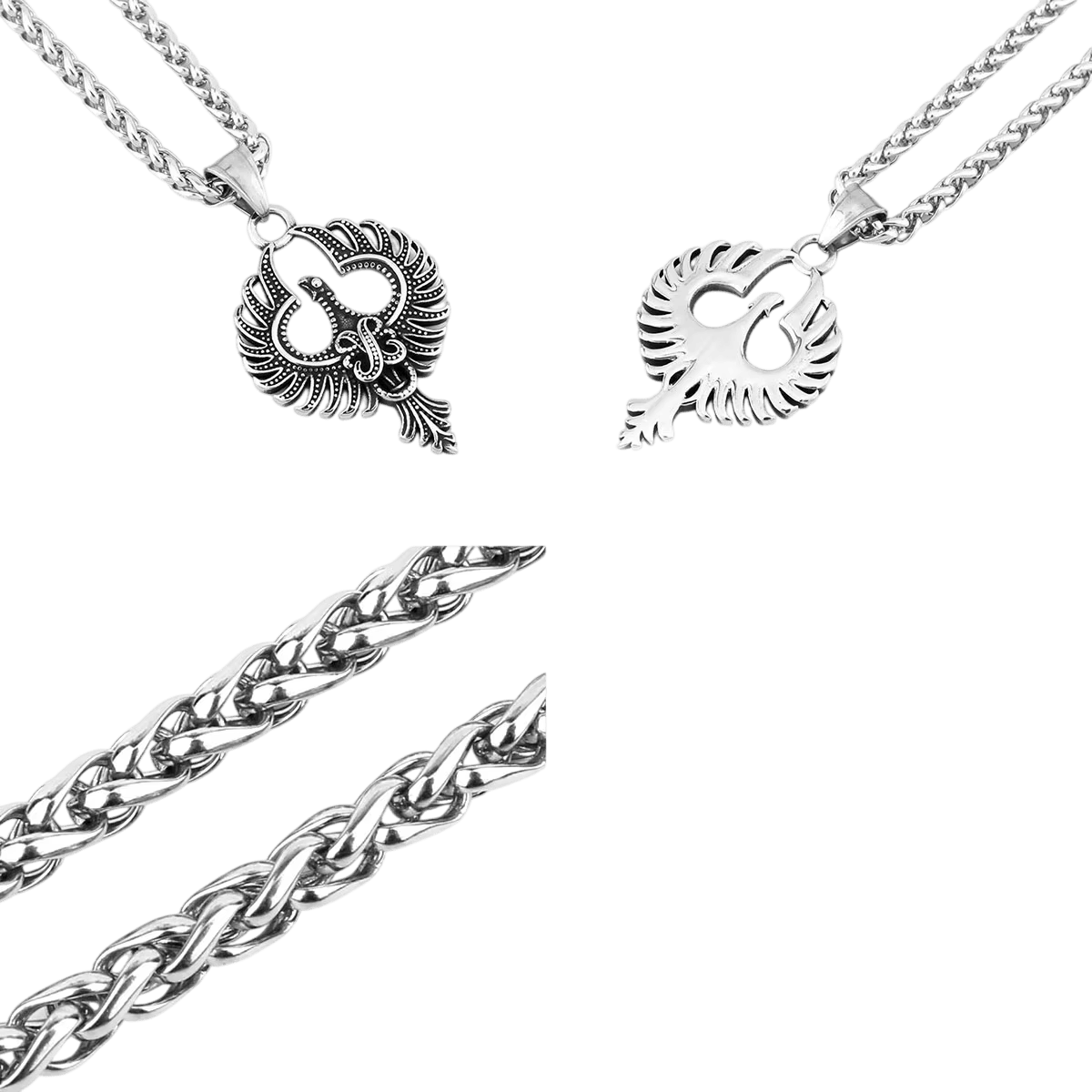 Pendentif phénix en acier inoxydable, plumage détaillé des ailes et de la queue, vu de face et de dos, sur fond blanc