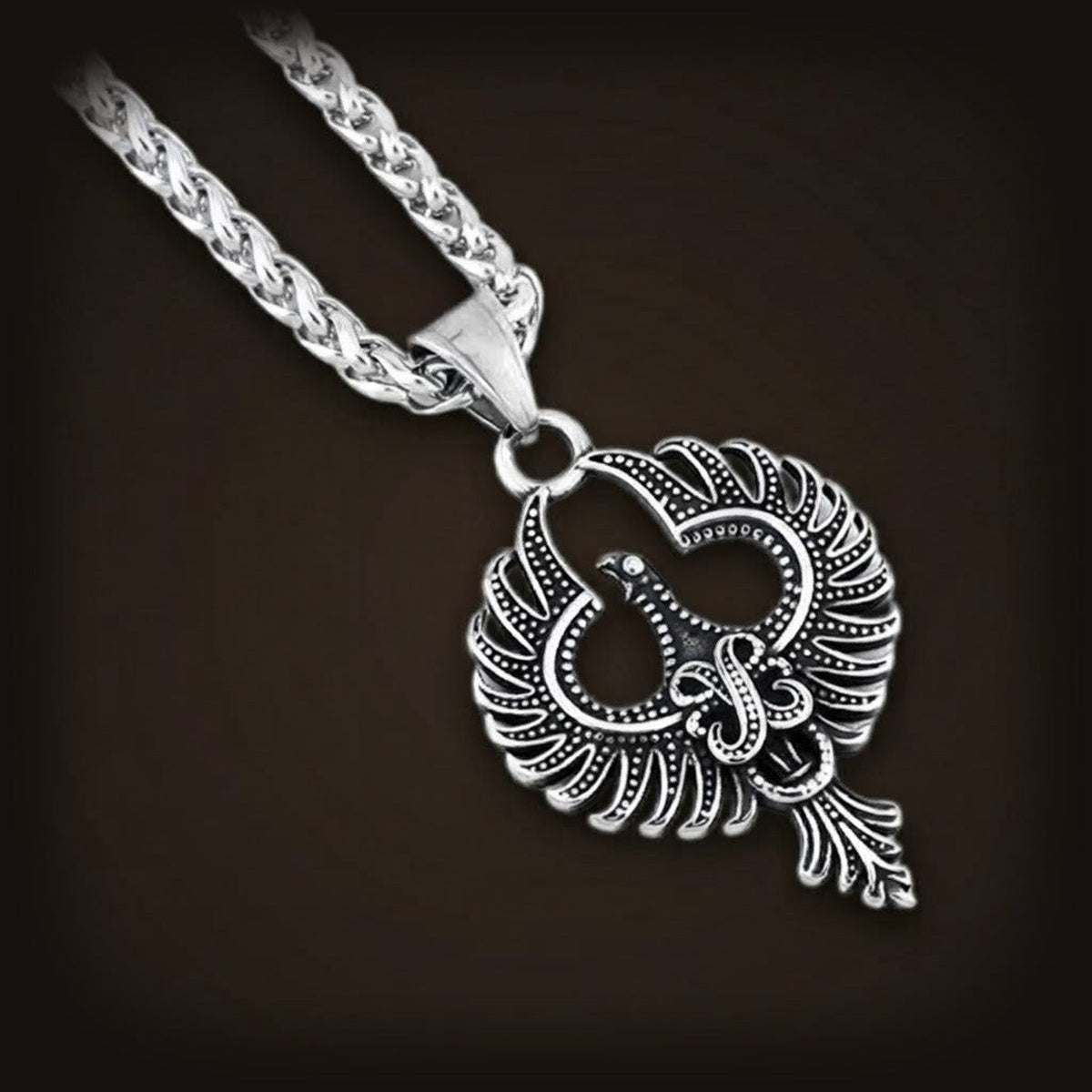 Pendentif phénix en acier inoxydable, plumage détaillé des ailes et de la queue