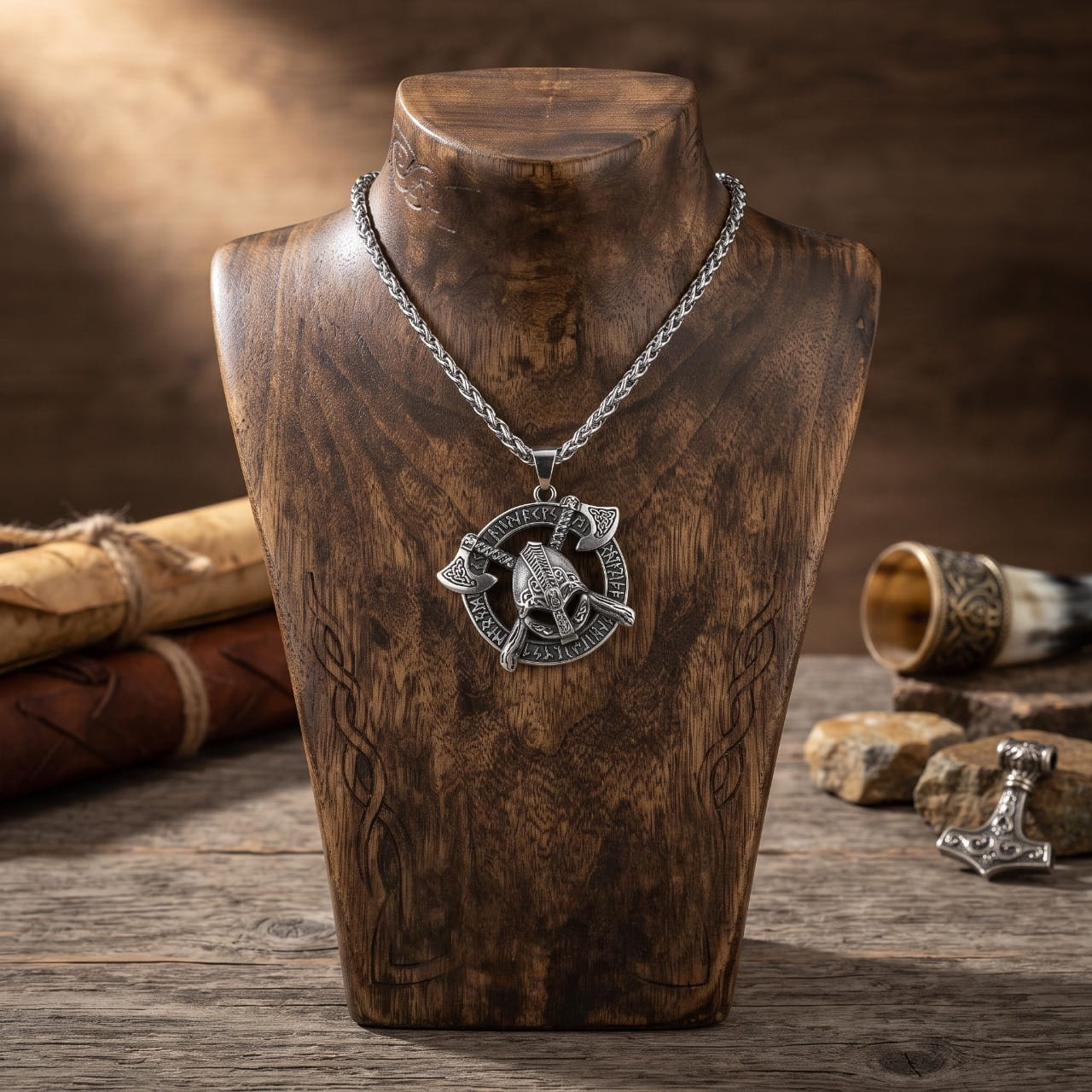 Collier pendentif viking en acier, casque de guerrier sur deux haches croisées dans un anneau runique, sur buste en bois
