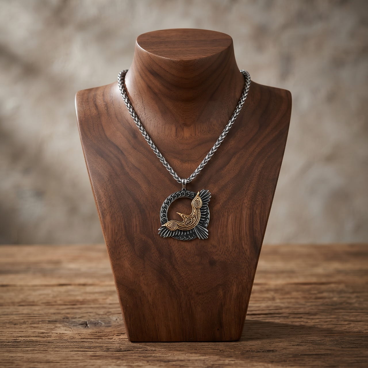 Collier pendentif viking, corbeau doré aux ailes déployées inscrit dans un croissant d'acier ciselé, sur buste en bois