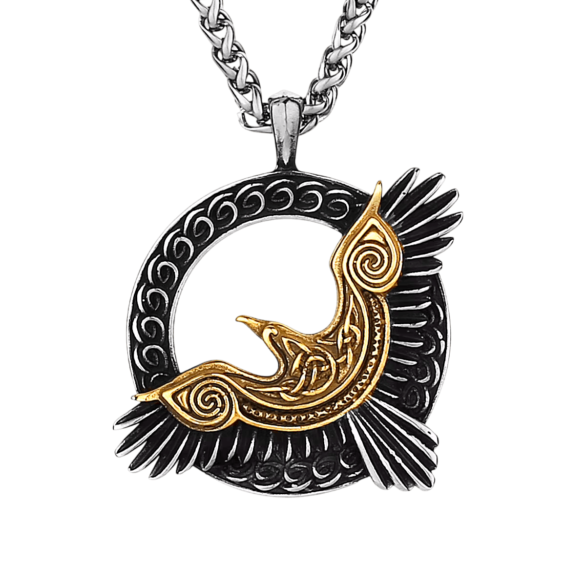 Pendentif corbeau d'Odin doré dans un croissant en acier inoxydable, vu de face et de dos, sur fond blanc