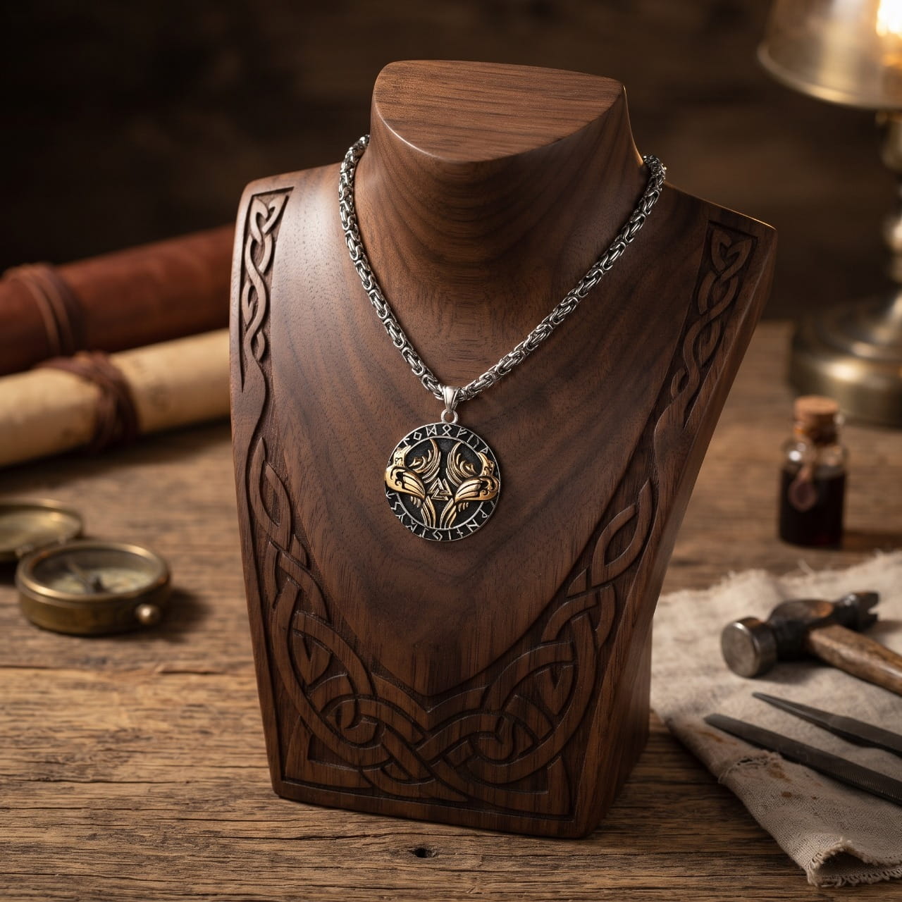 Collier médaillon en acier aux deux corbeaux d'Odin encadrant un Valknut doré, cerclé de runes, sur buste en bois sculpté