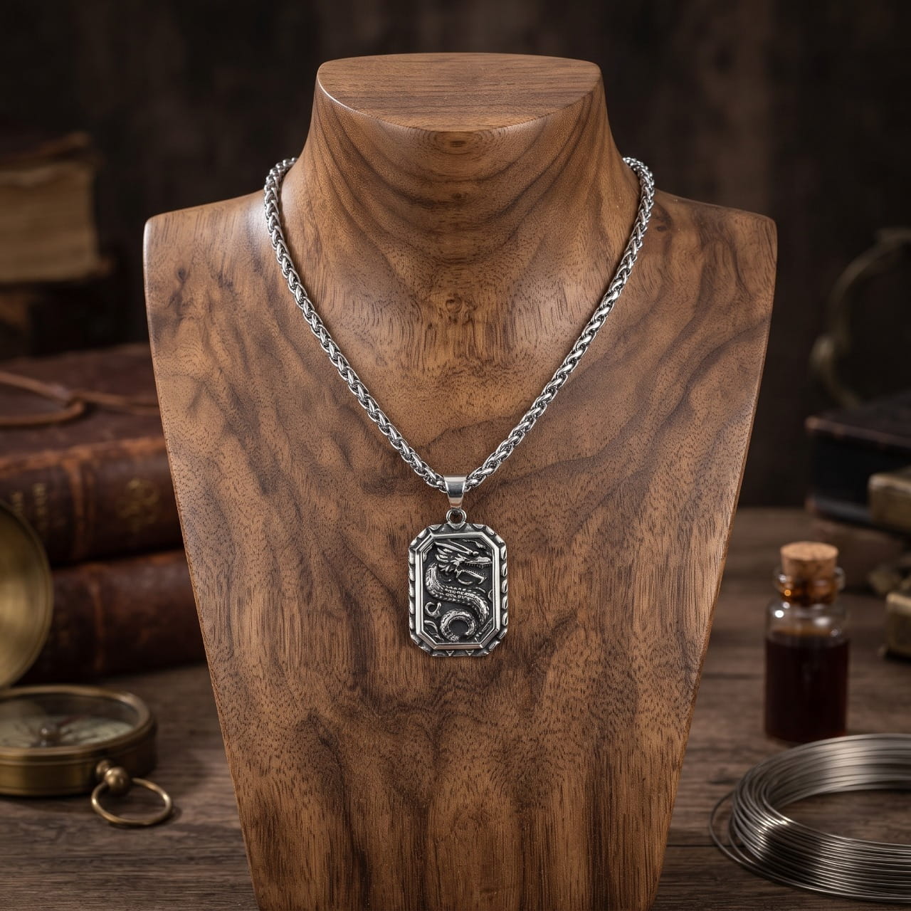 Collier pendentif dragon en acier gravé sur plaque, porté sur un buste en bois, atelier de bijoutier en arrière-plan