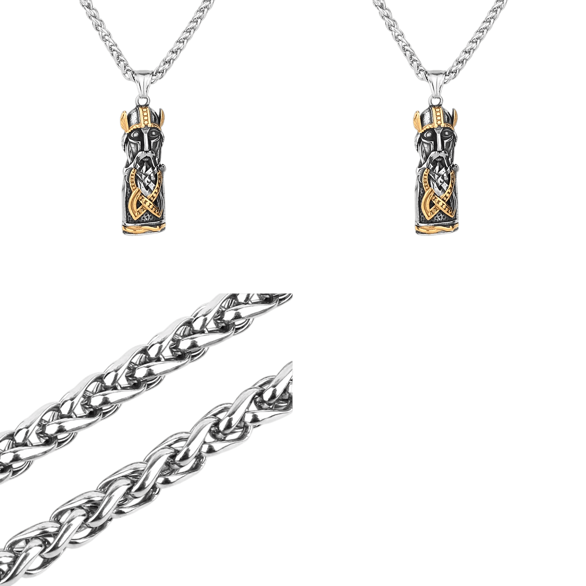 Pendentif cylindre viking en acier et doré, guerrier barbu au casque cornu et entrelacs, sur fond blanc