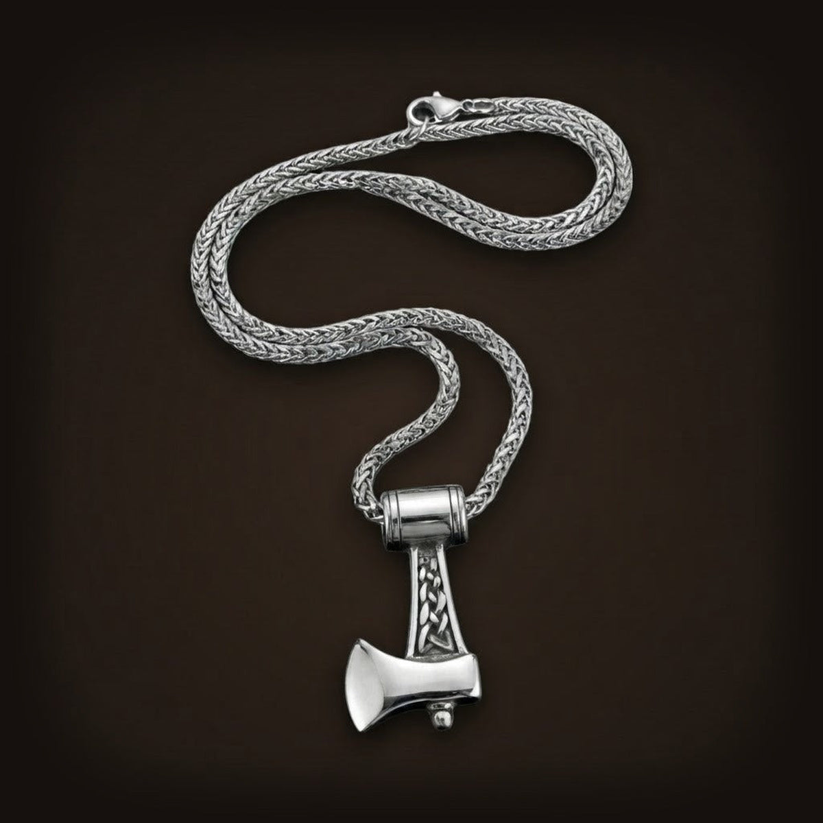 Collier viking pendentif hache de guerre avec entrelacs celtiques en acier inoxydable argenté.