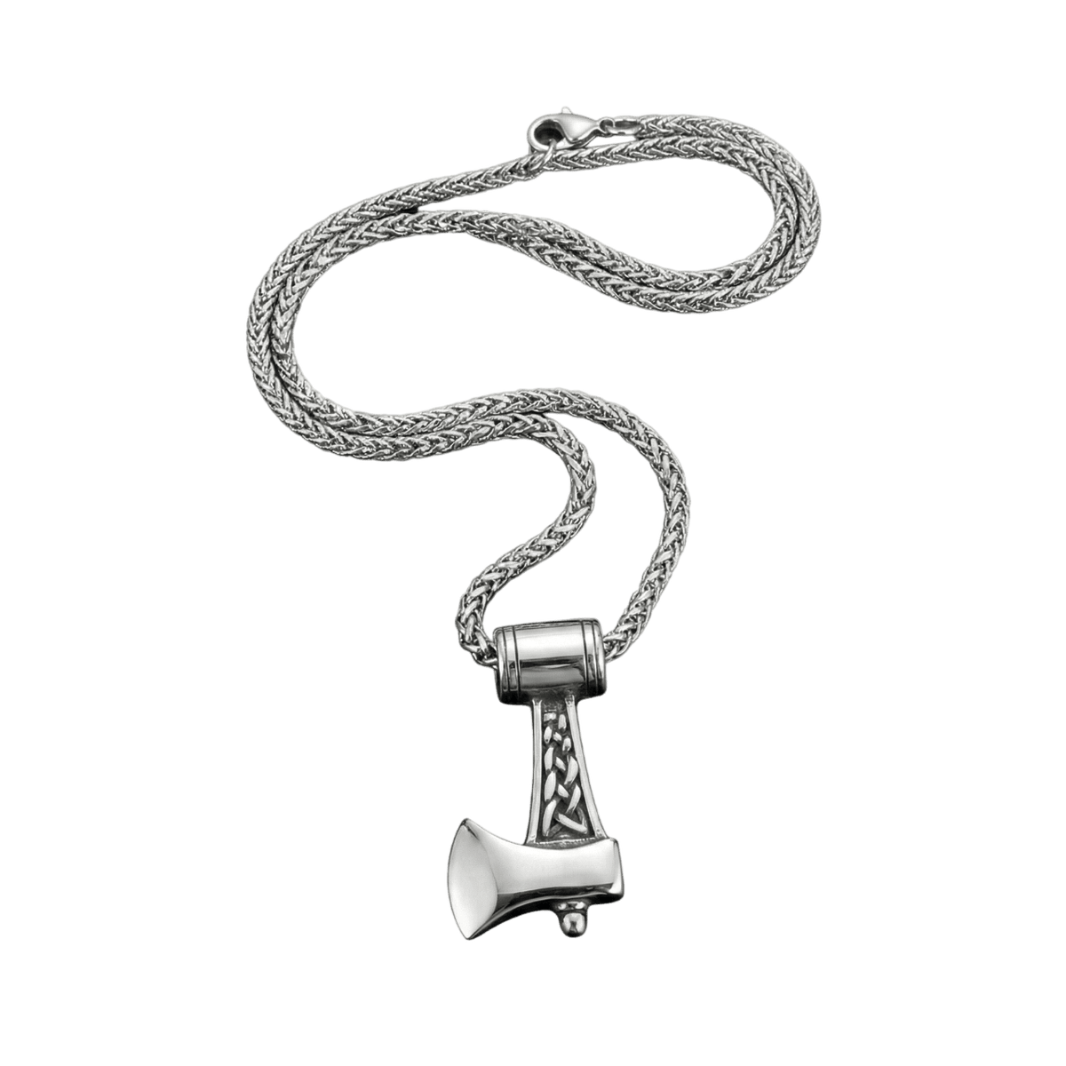 Collier viking pendentif hache de guerre avec entrelacs celtiques en acier inoxydable argente.