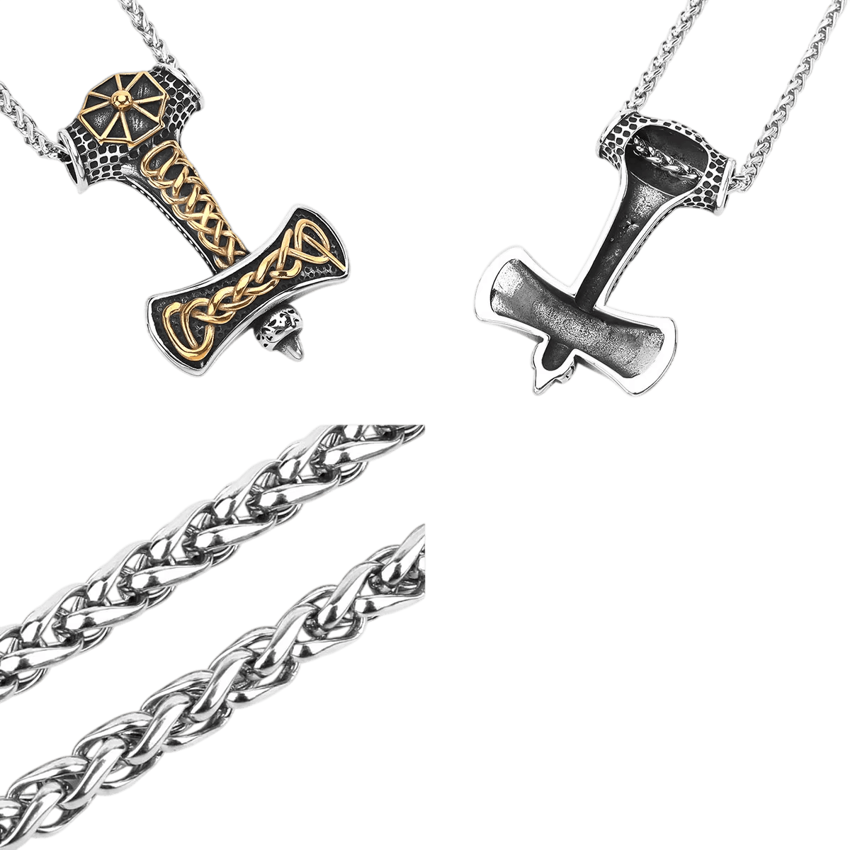 Pendentif hache viking bicolore acier et doré, entrelacs et roue solaire à huit rayons, vu de face et de dos, sur fond blanc
