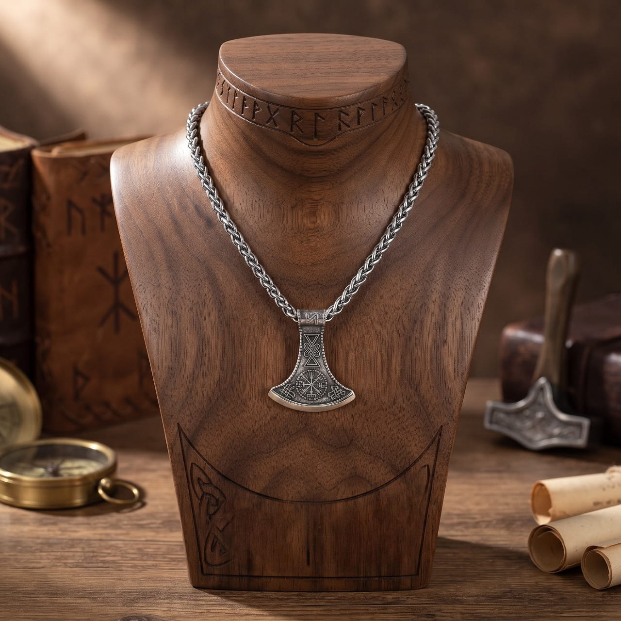 Collier pendentif hache en acier gravé du Vegvísir et de runes, sur chaîne tressée, présenté sur un buste en bois gravé de runes
