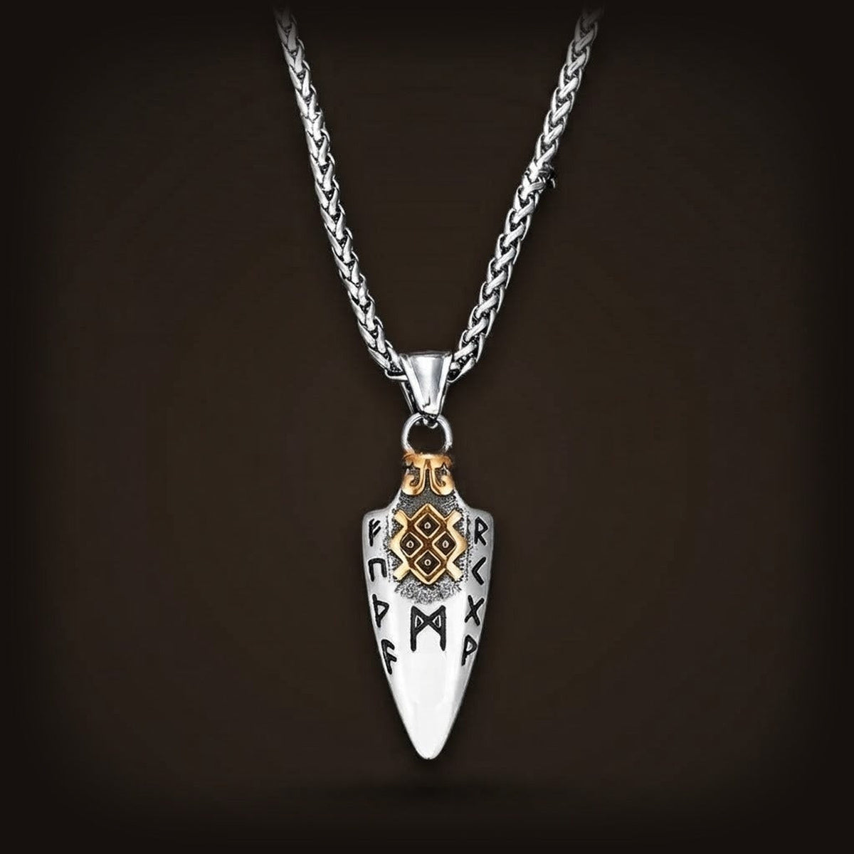 Collier Viking Lance Gungnir Runes Odin Acier Dore en acier inoxydable