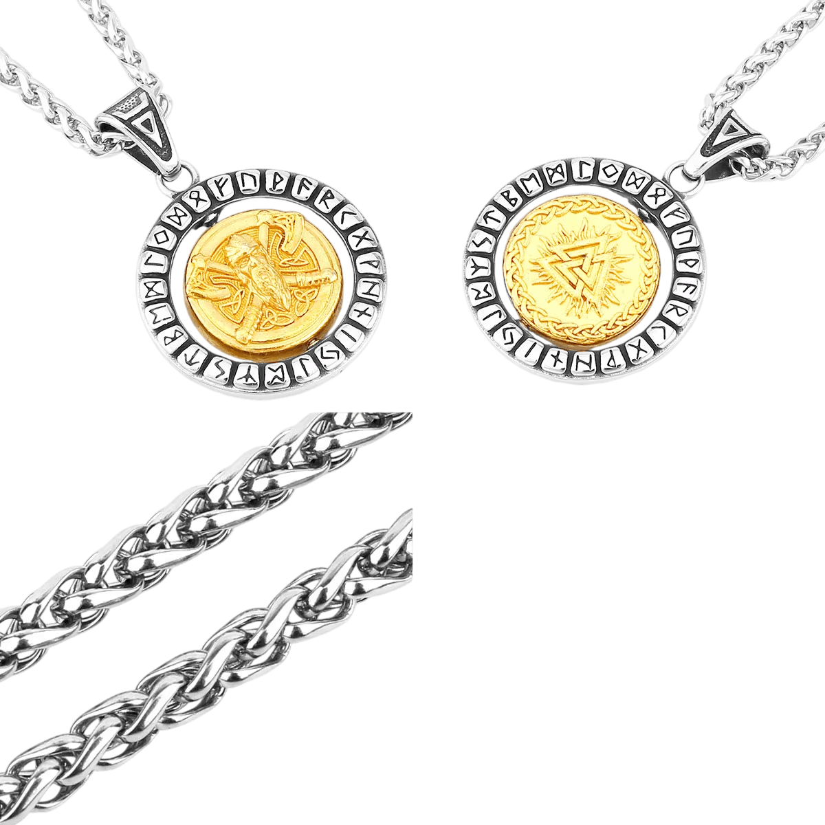 Médaillon rotatif en acier, cercle de runes autour d'un disque doré au Valknut, vu de face et de dos, sur fond blanc