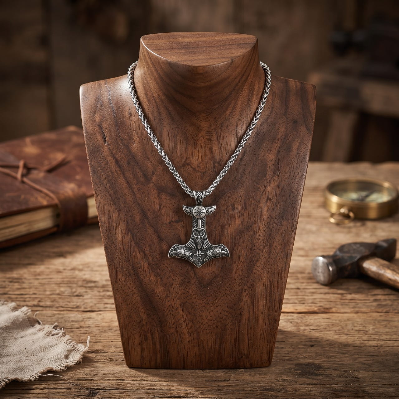 Collier pendentif Mjölnir en acier ciselé de corbeaux et d'un Valknut, sur chaîne tressée, présenté sur un buste en bois sculpté