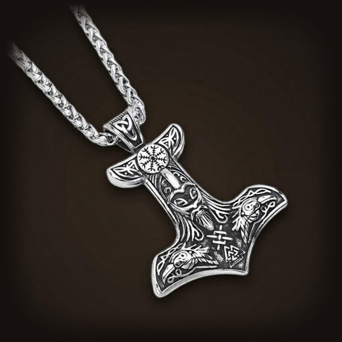 Pendentif marteau de Thor en acier, têtes de corbeaux et Valknut ciselés, sur sa chaîne tressée