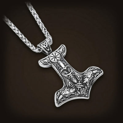 Collier Viking Mjölnir aux Corbeaux et Valknut — Acier
