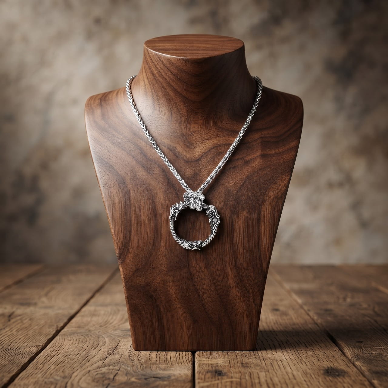 Collier pendentif anneau en acier formé de dragons entrelacés se mordant la queue, sur buste en bois