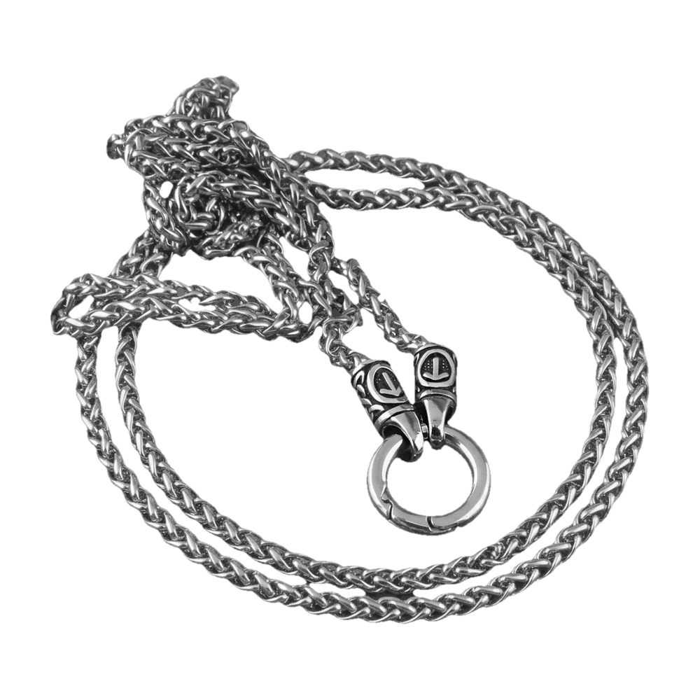 Viking rune bead necklace on a steel wheat chain, steel plain ring clasp