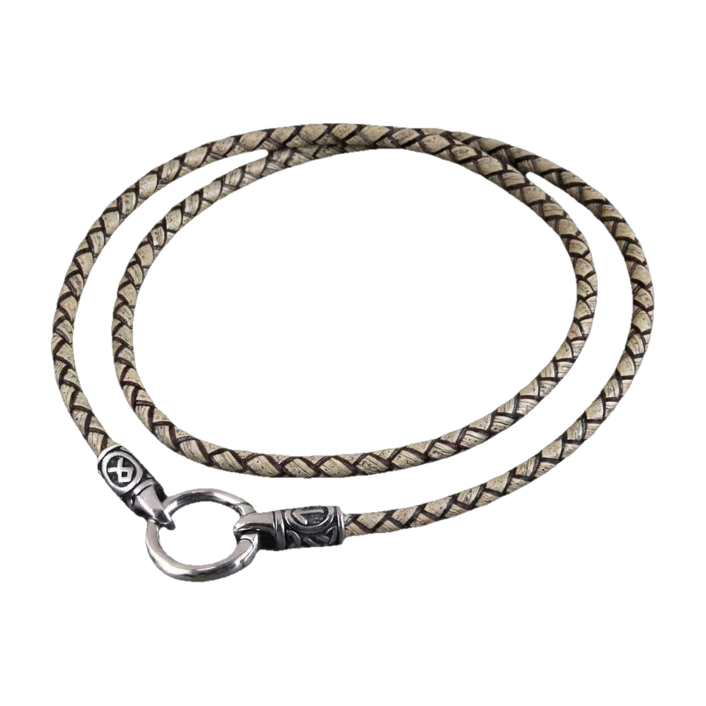 Viking rune bead necklace on a beige braided leather cord, steel plain ring clasp