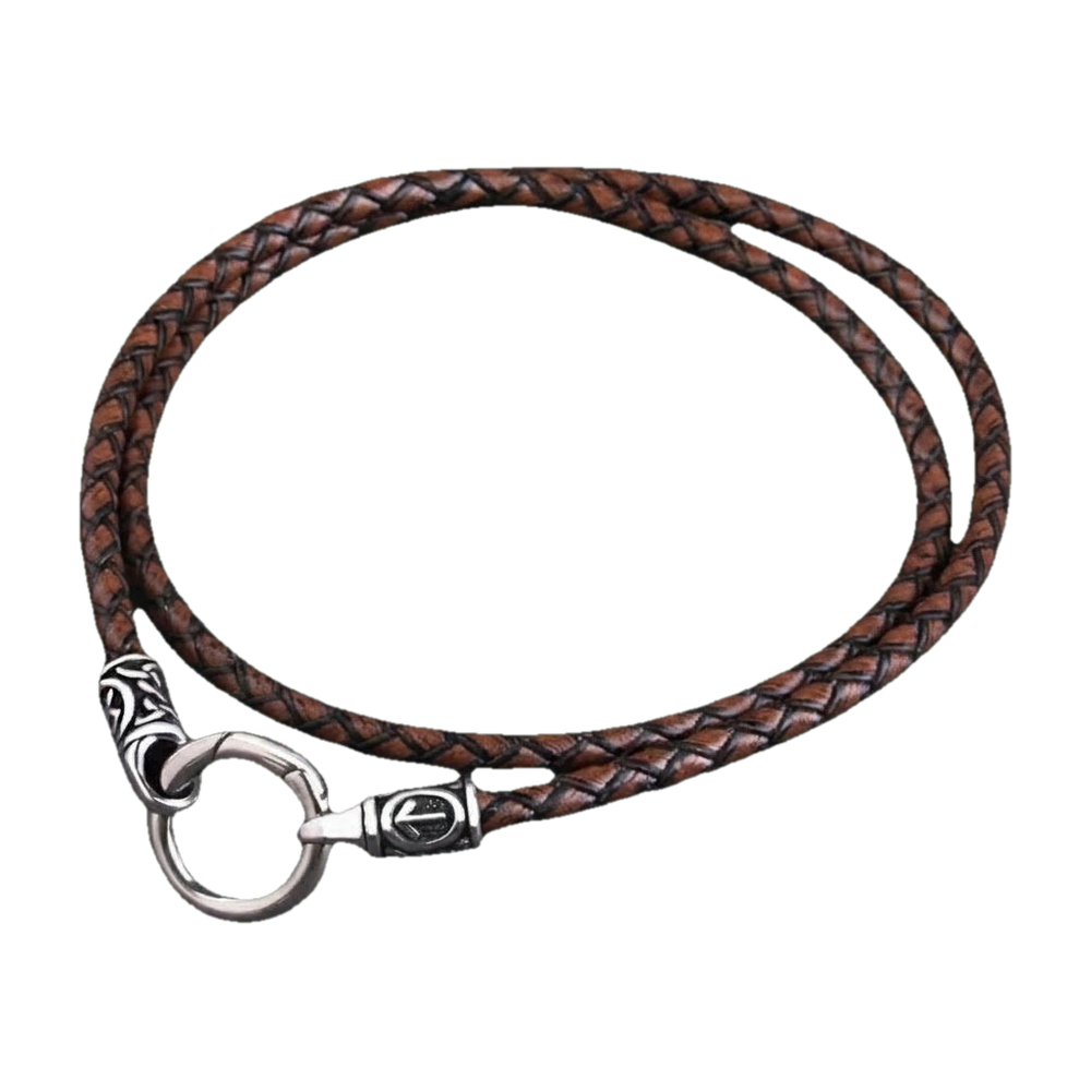 Viking rune bead necklace on a brown braided leather cord, steel plain ring clasp
