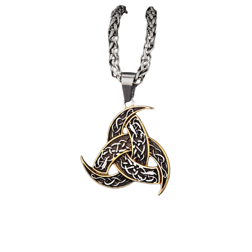 Collier viking pendentif triquetra noeud celtique en acier dore et noir avec chaine tressee
