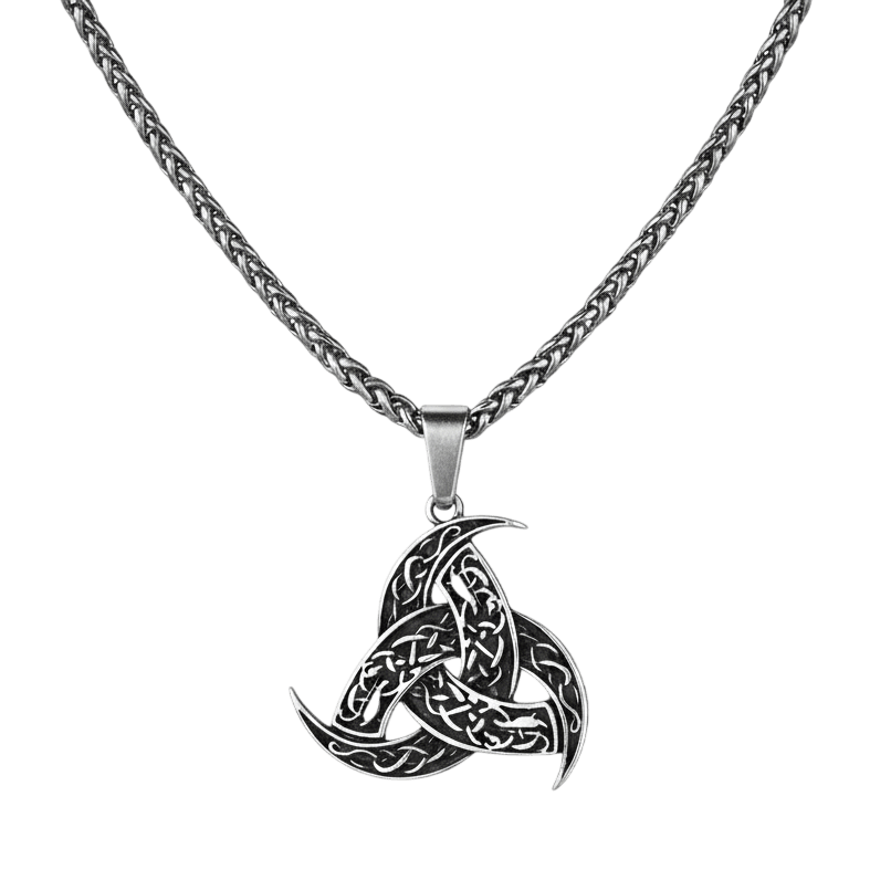 Collier viking pendentif triquetra noeud celtique en acier inoxydable avec chaine tressee