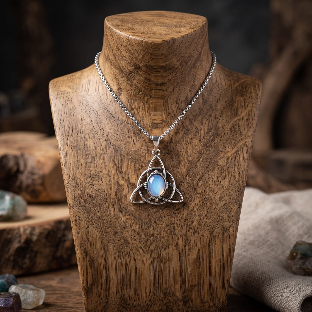 Collier pendentif triquetra en acier serti d'une pierre opalescente bleutée, sur chaîne fine, présenté sur un buste en bois, pierres brutes autour