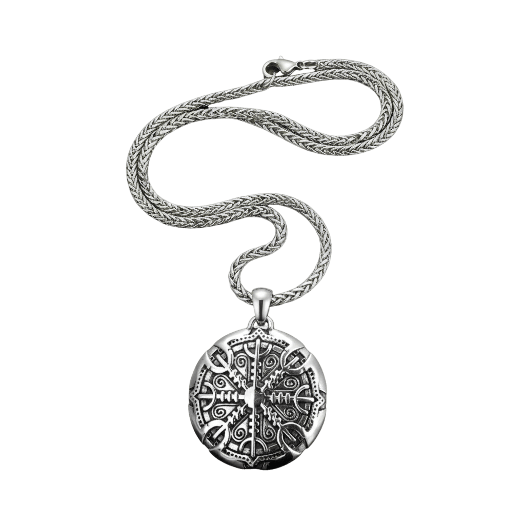 Collier viking pendentif rond vegvisir boussole nordique avec runes futhark en acier inoxydable