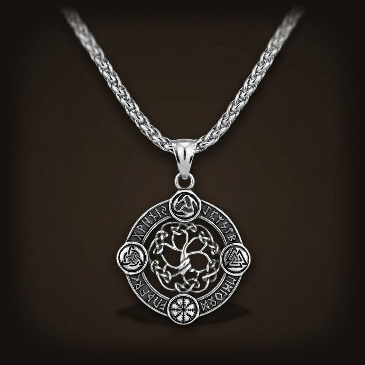Collier viking pendentif yggdrasil arbre de vie avec symboles valknut vegvisir et runes en acier