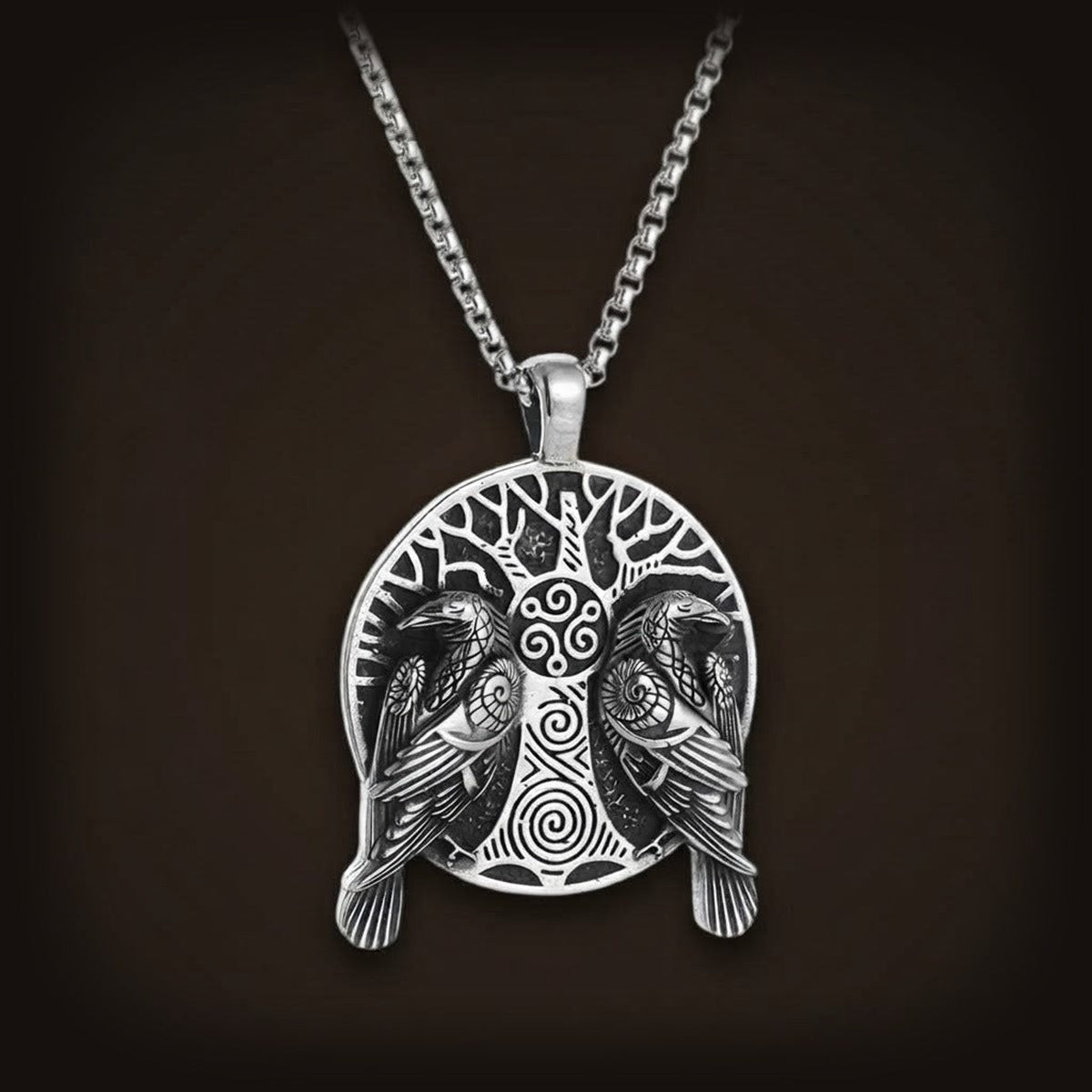 Collier viking pour homme avec pendentif Arbre de Vie Yggdrasil et corbeaux Huginn et Muninn en acier inoxydable antique.