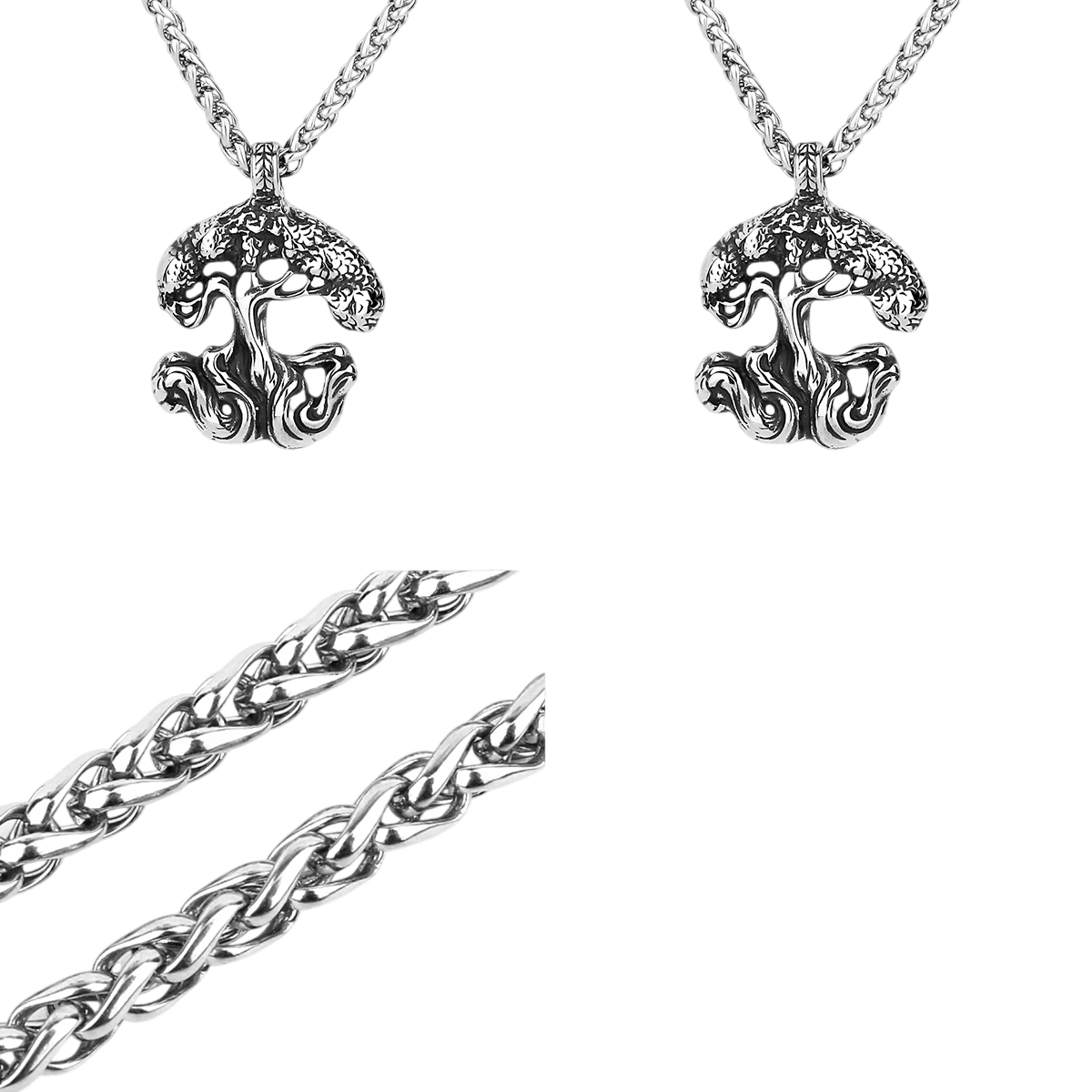 Pendentif arbre de vie Yggdrasil en acier inoxydable, branches et racines en relief, sur fond blanc