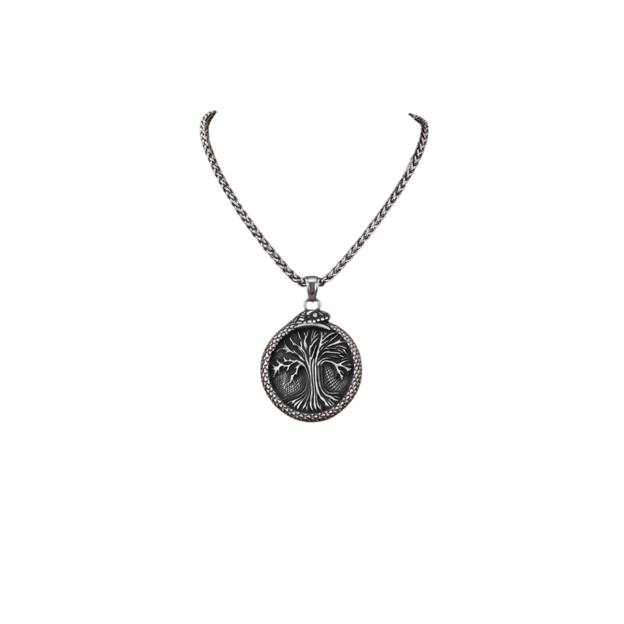 Médaillon en acier inoxydable, arbre de vie cerclé d'un serpent ouroboros, vu de face et de dos, sur fond blanc