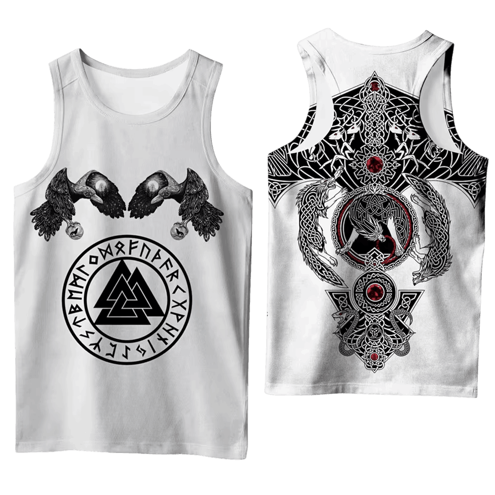 Débardeur Viking Deux Corbeaux et Valknut Blanc, vu de face et de dos