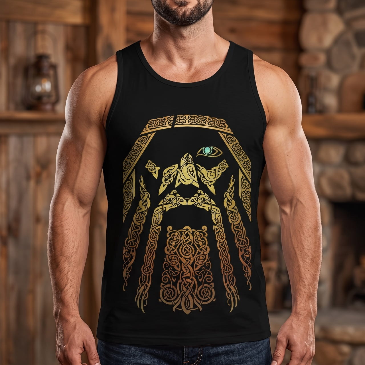 Homme portant le Débardeur Viking Odin Doré à l'Œil Unique