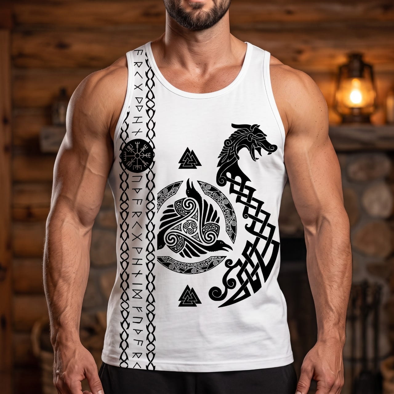 Homme portant le Débardeur Viking Triskèle de Corbeaux Blanc