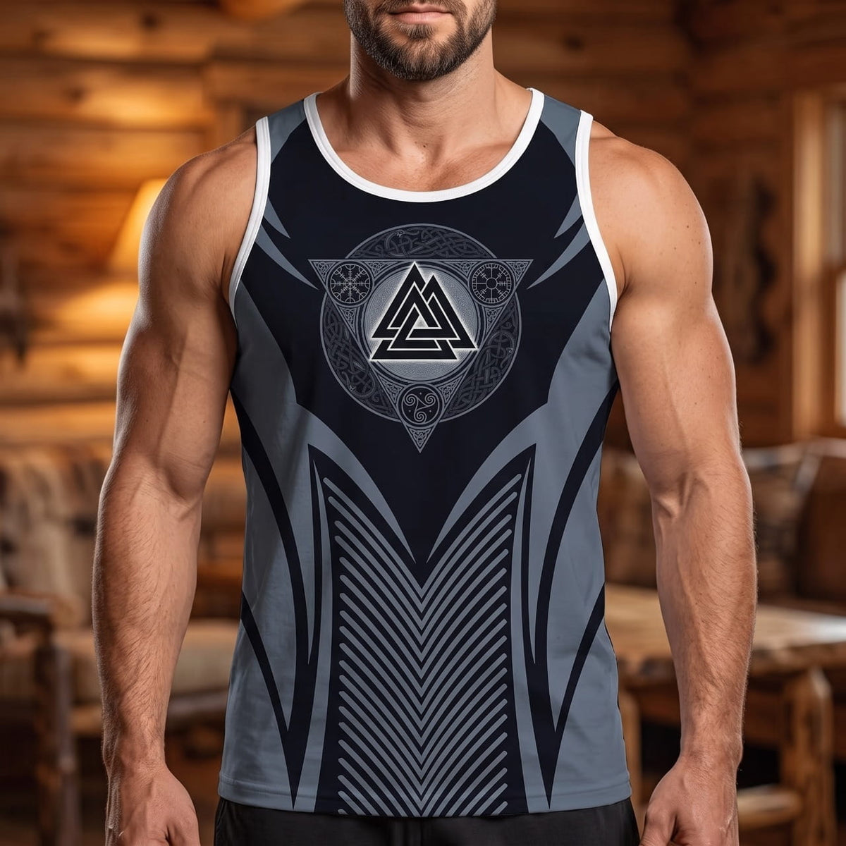 Homme portant le Débardeur Viking Valknut et Chevrons Bleu Ardoise