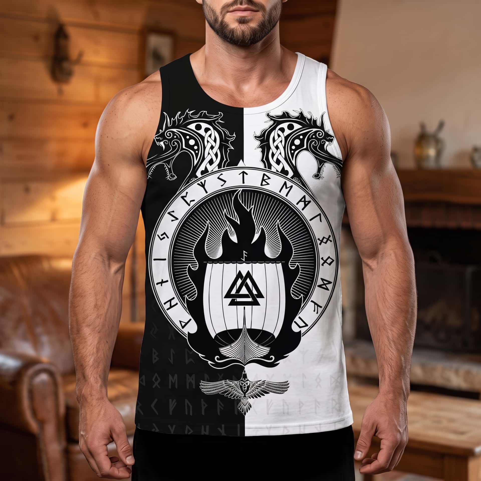 Homme portant le Débardeur Viking Valknut Runique Noir et Blanc