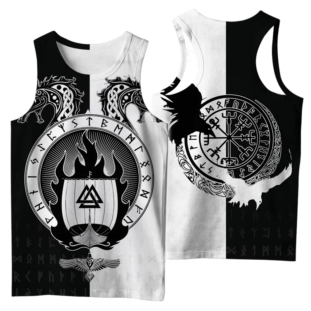 Débardeur Viking Valknut Runique Noir et Blanc, vu de face et de dos