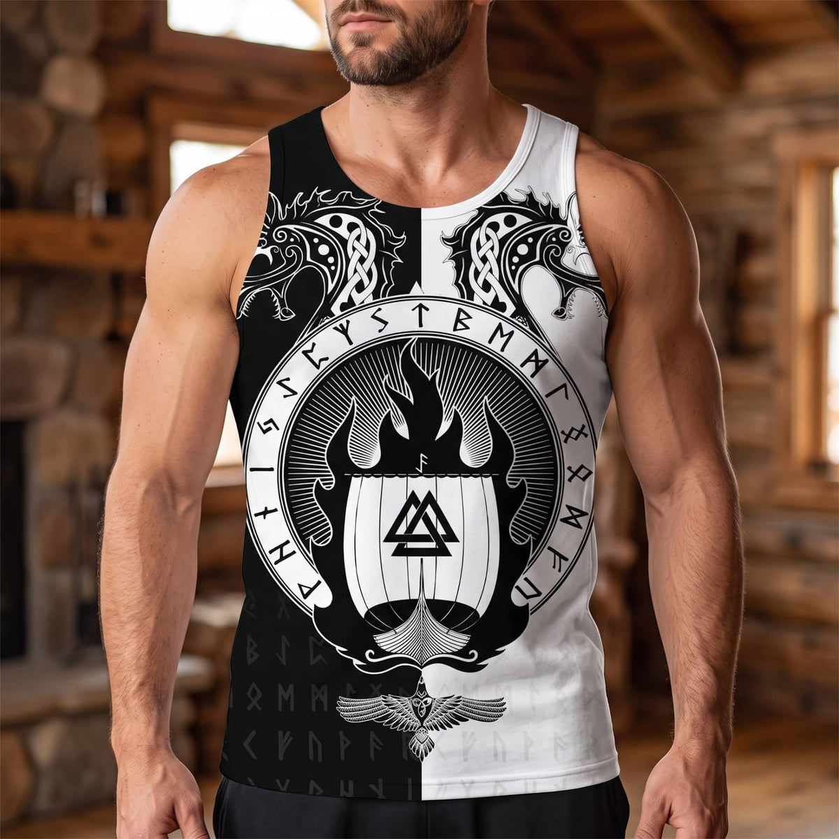 Homme portant le Débardeur Viking Valknut et Torches Croisées