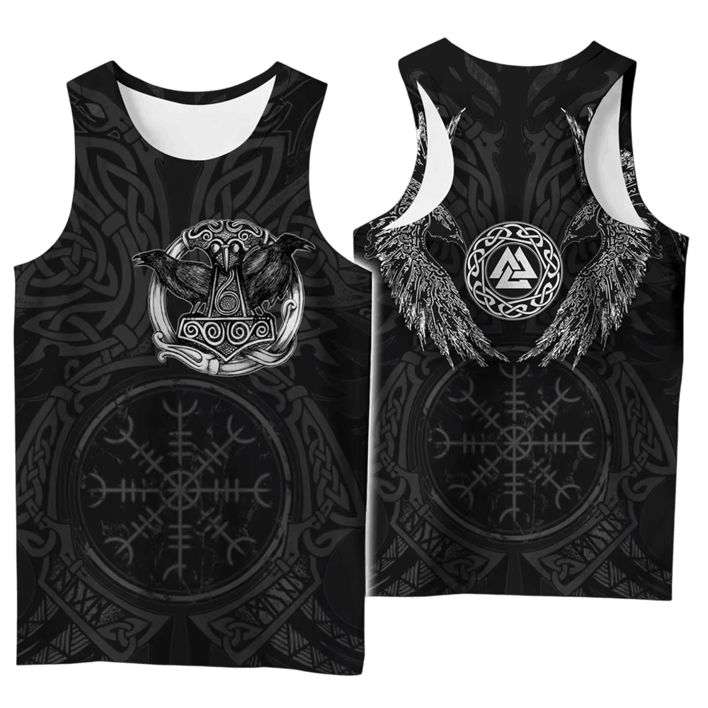 Débardeur Viking Vegvísir et Corbeaux Gris, vu de face et de dos